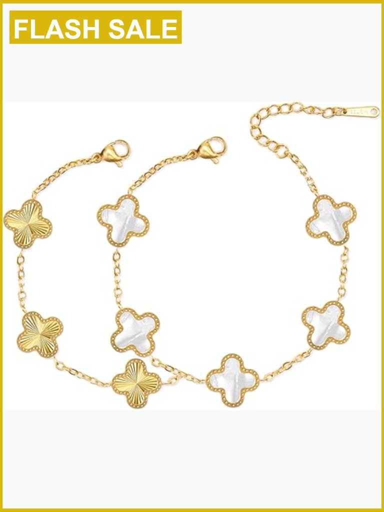 18k Gold Plated Four Leaf Clover Link Bracelet Set For Women